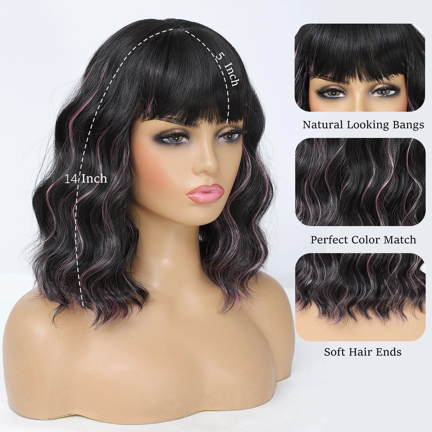 Black Mix Pink Wigs for Women, 14 Inch Wavy Bob Wig with Bangs, Natural Looking Soft Heat Resistant Synthetic Fiber Wig for Daily Party Use