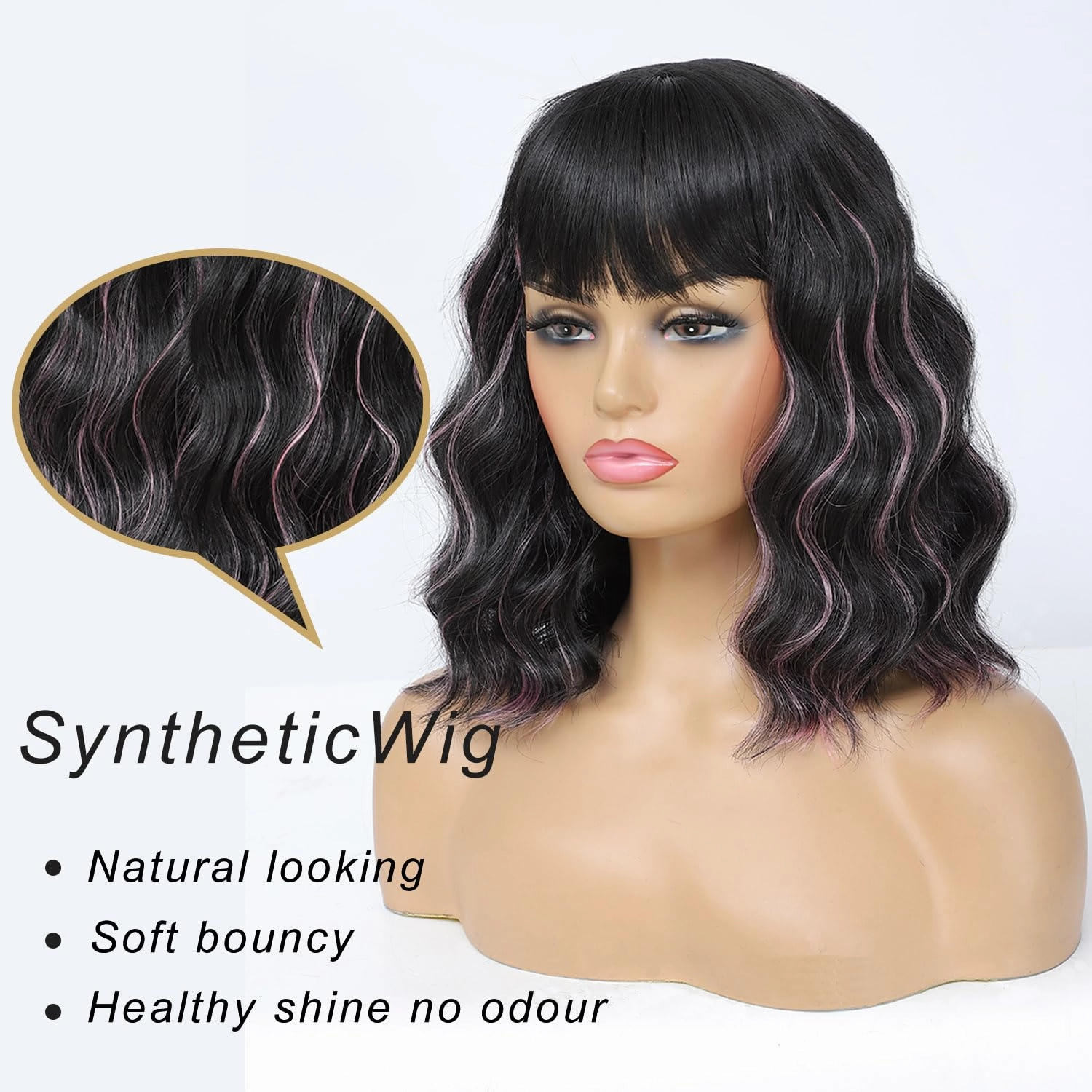 Black Mix Pink Wigs for Women, 14 Inch Wavy Bob Wig with Bangs, Natural Looking Soft Heat Resistant Synthetic Fiber Wig for Daily Party Use