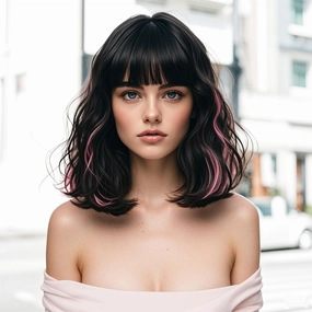 Black Mix Pink Wigs for Women, 14 Inch Wavy Bob Wig with Bangs, Natural Looking Soft Heat Resistant Synthetic Fiber Wig for Daily Party Use