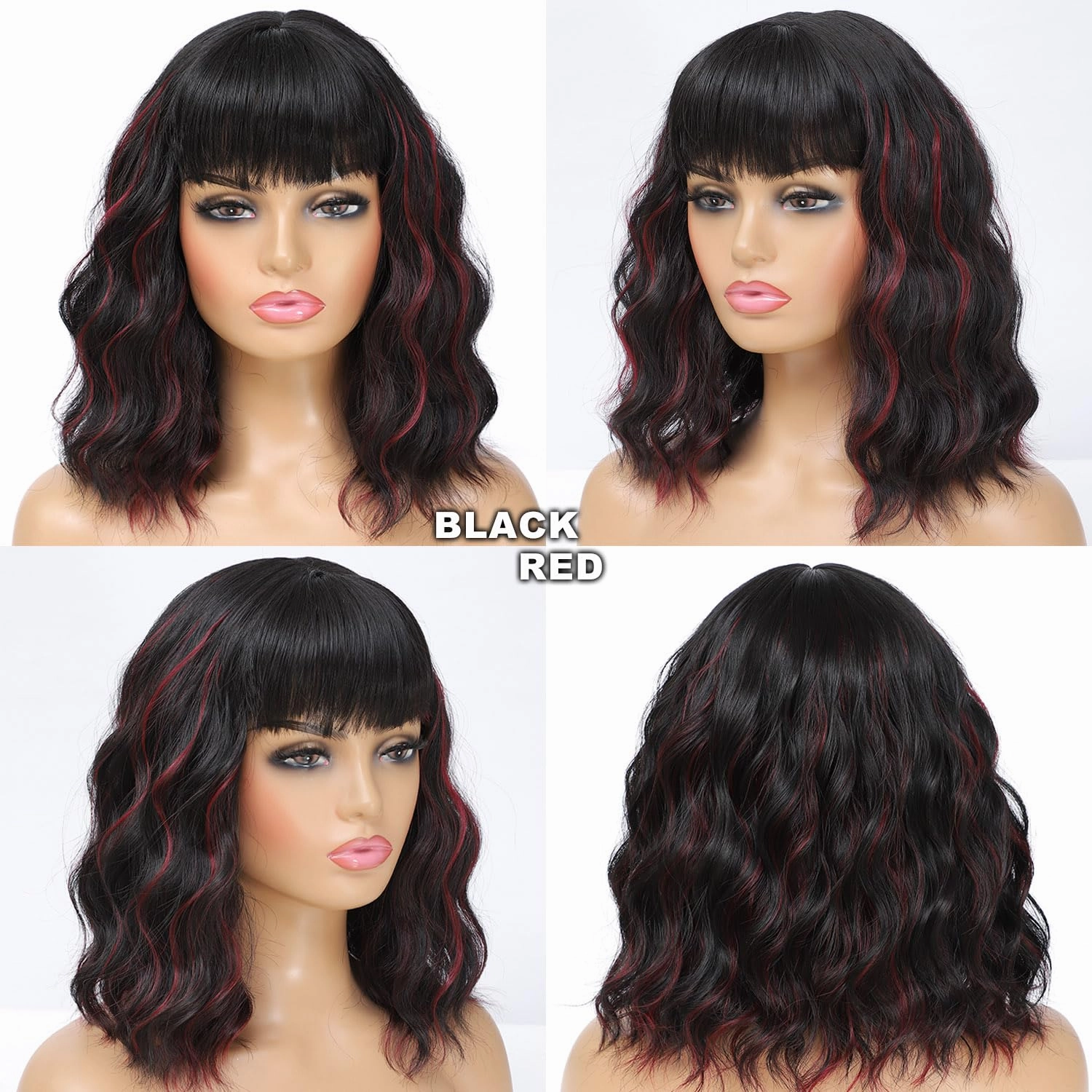 Black Mixed Red Bob Wig with Bangs for Women, Natural Looking Heat Resistant Synthetic Wig 14 Inch Curly Bob Wig for Daily Party Use