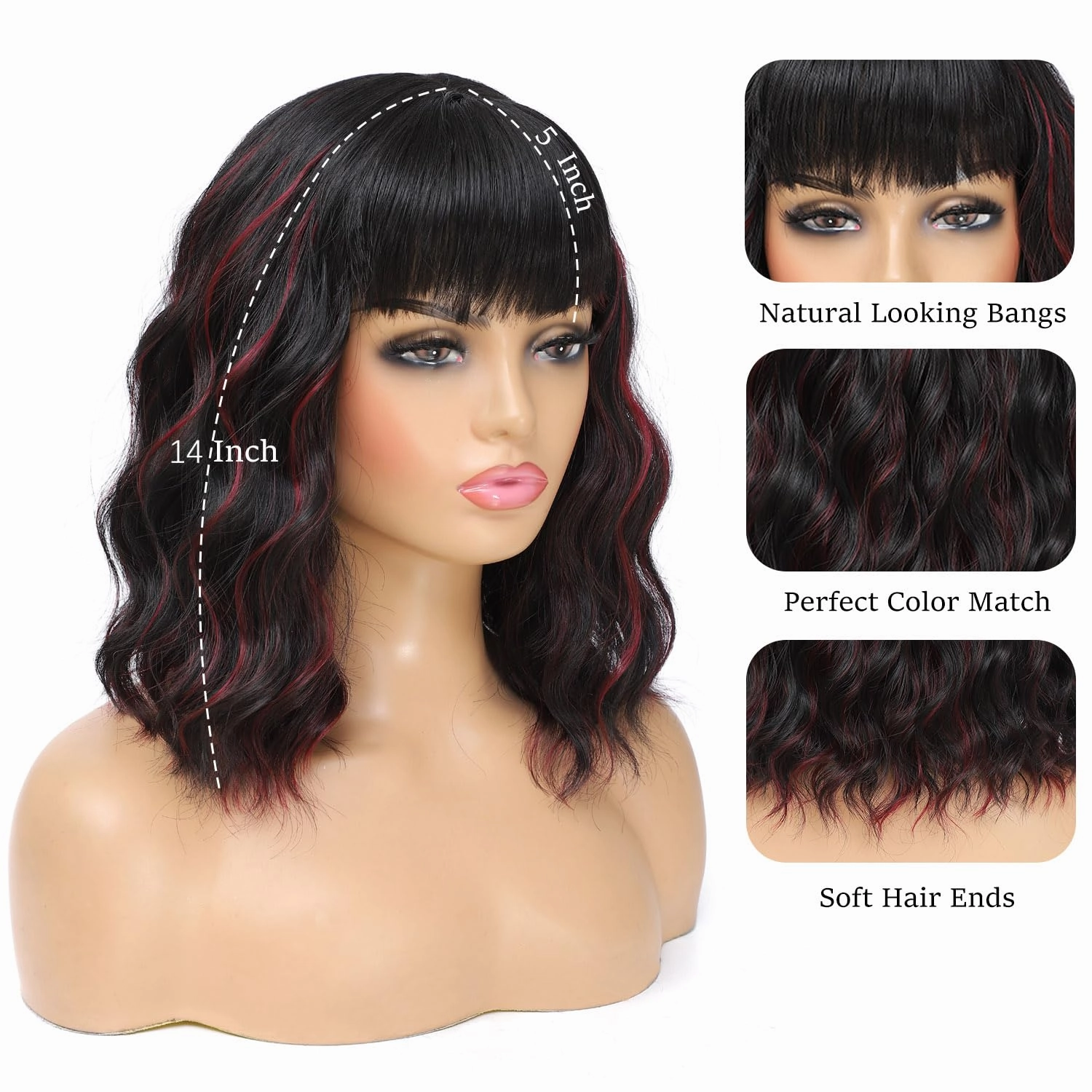 Black Mixed Red Bob Wig with Bangs for Women, Natural Looking Heat Resistant Synthetic Wig 14 Inch Curly Bob Wig for Daily Party Use