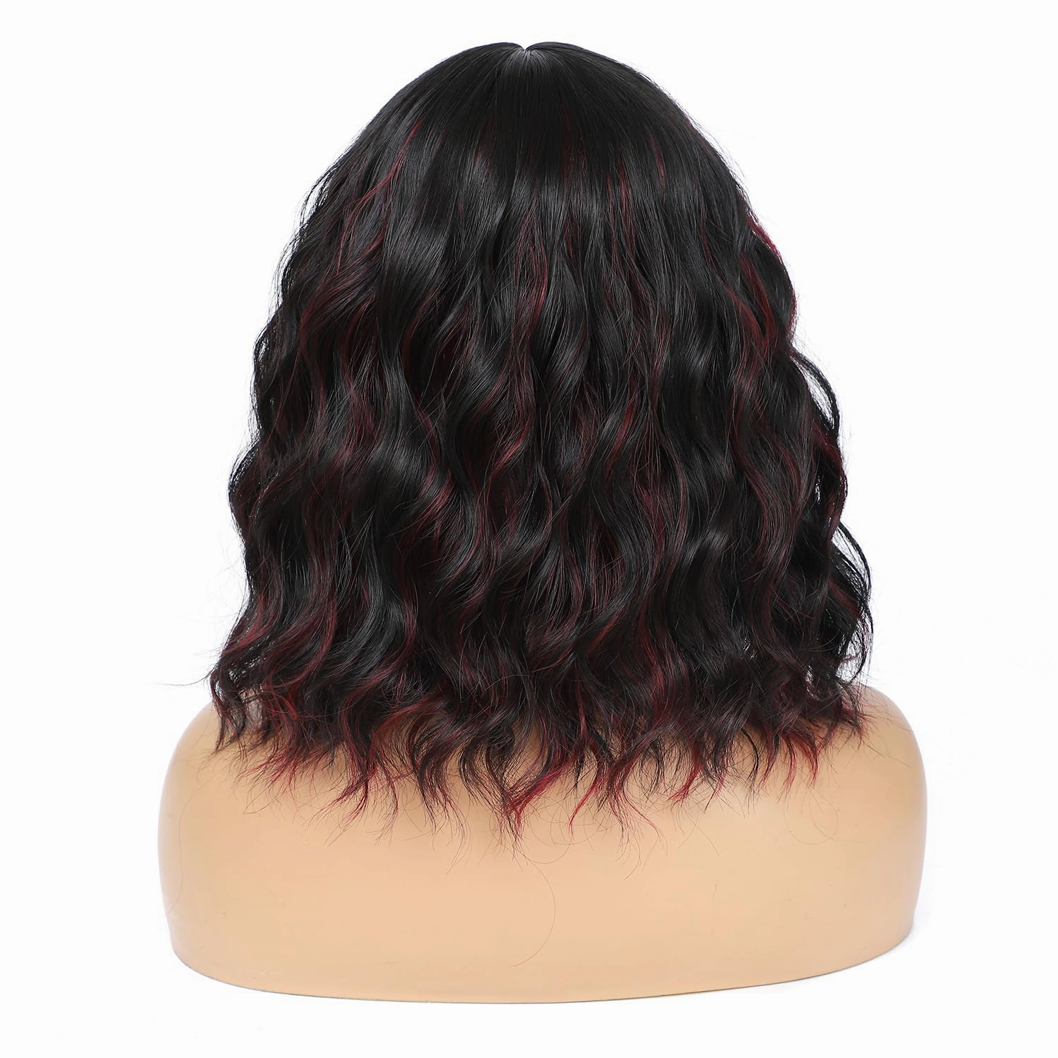 Black Mixed Red Bob Wig with Bangs for Women, Natural Looking Heat Resistant Synthetic Wig 14 Inch Curly Bob Wig for Daily Party Use
