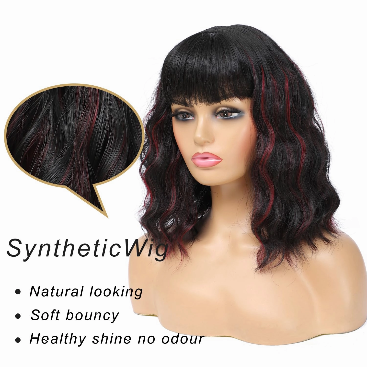 Black Mixed Red Bob Wig with Bangs for Women, Natural Looking Heat Resistant Synthetic Wig 14 Inch Curly Bob Wig for Daily Party Use