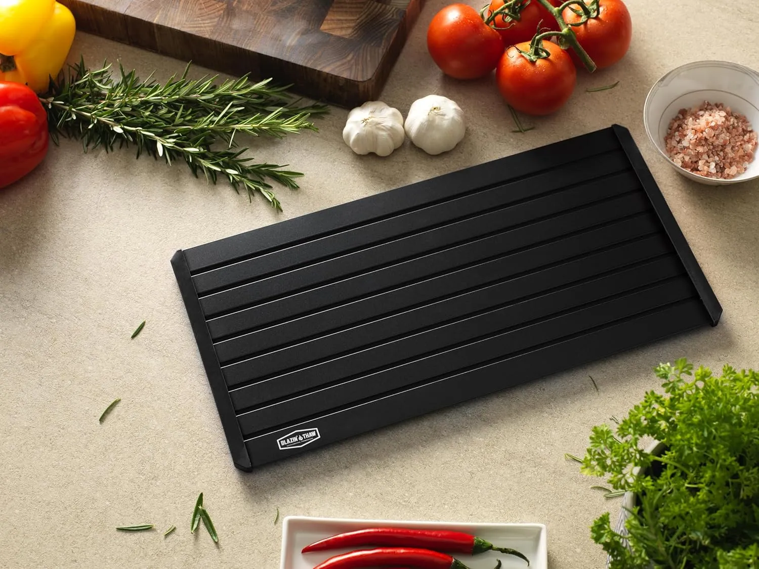 BLAZIN' THAW Defrosting Tray for Frozen Meat | 16" Family-Size | Aluminium Plate for Thawing Frozen Food | Natural Thawing Process | No Microwaves, No Cold/Warm Water Required |
