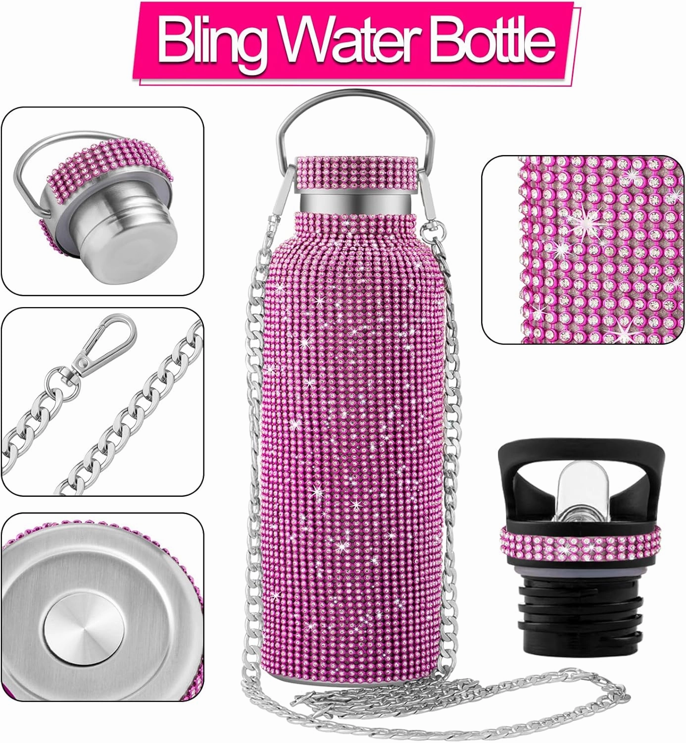 Bling Rhinestone Diamond Glitter Water Bottle - Pink, Gifts for Women - Tumblers with 2 Style Lids and 55in Chain