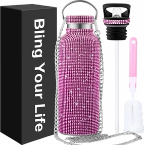 Bling Rhinestone Diamond Glitter Water Bottle - Pink, Gifts for Women - Tumblers with 2 Style Lids and 55in Chain