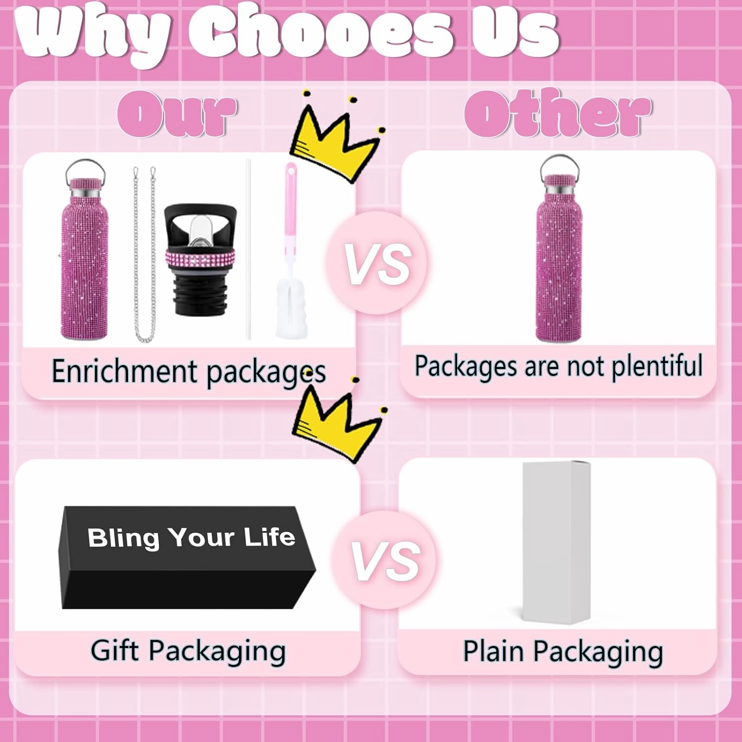 Bling Rhinestone Diamond Glitter Water Bottle - Pink, Gifts for Women - Tumblers with 2 Style Lids and 55in Chain