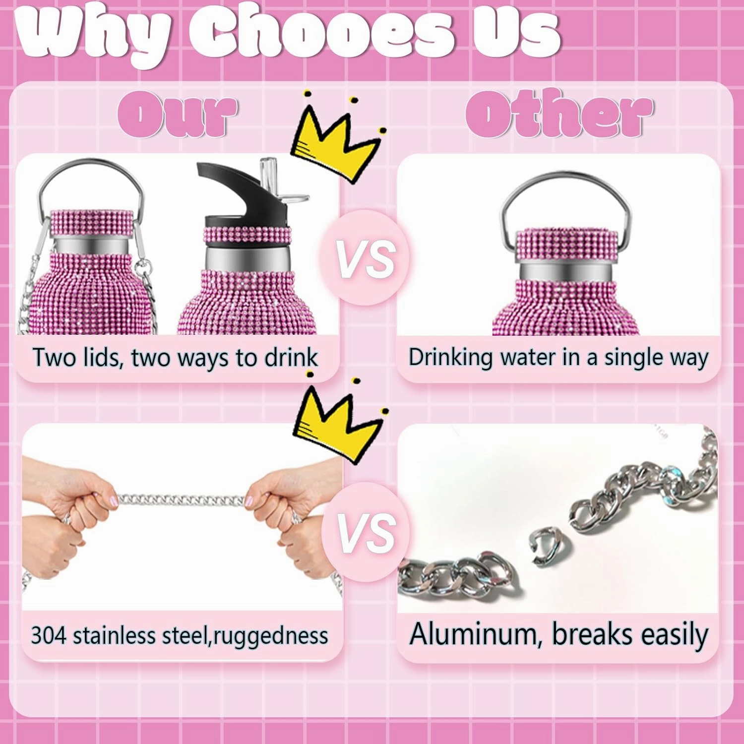Bling Rhinestone Diamond Glitter Water Bottle - Pink, Gifts for Women - Tumblers with 2 Style Lids and 55in Chain