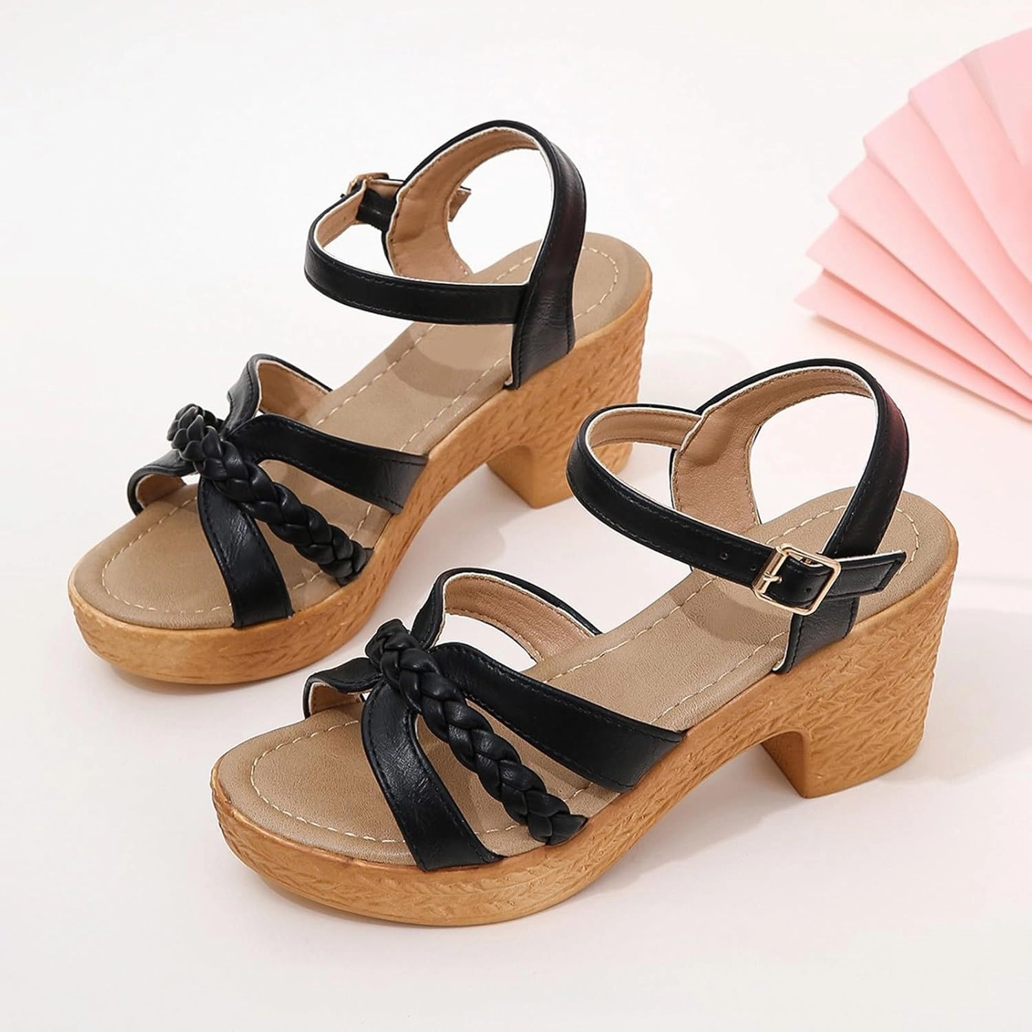 Block Heeled Platform Sandals for Women Open Toe Chunky Sandals with Adjustable Ankle Strap Leather Dress Shoes