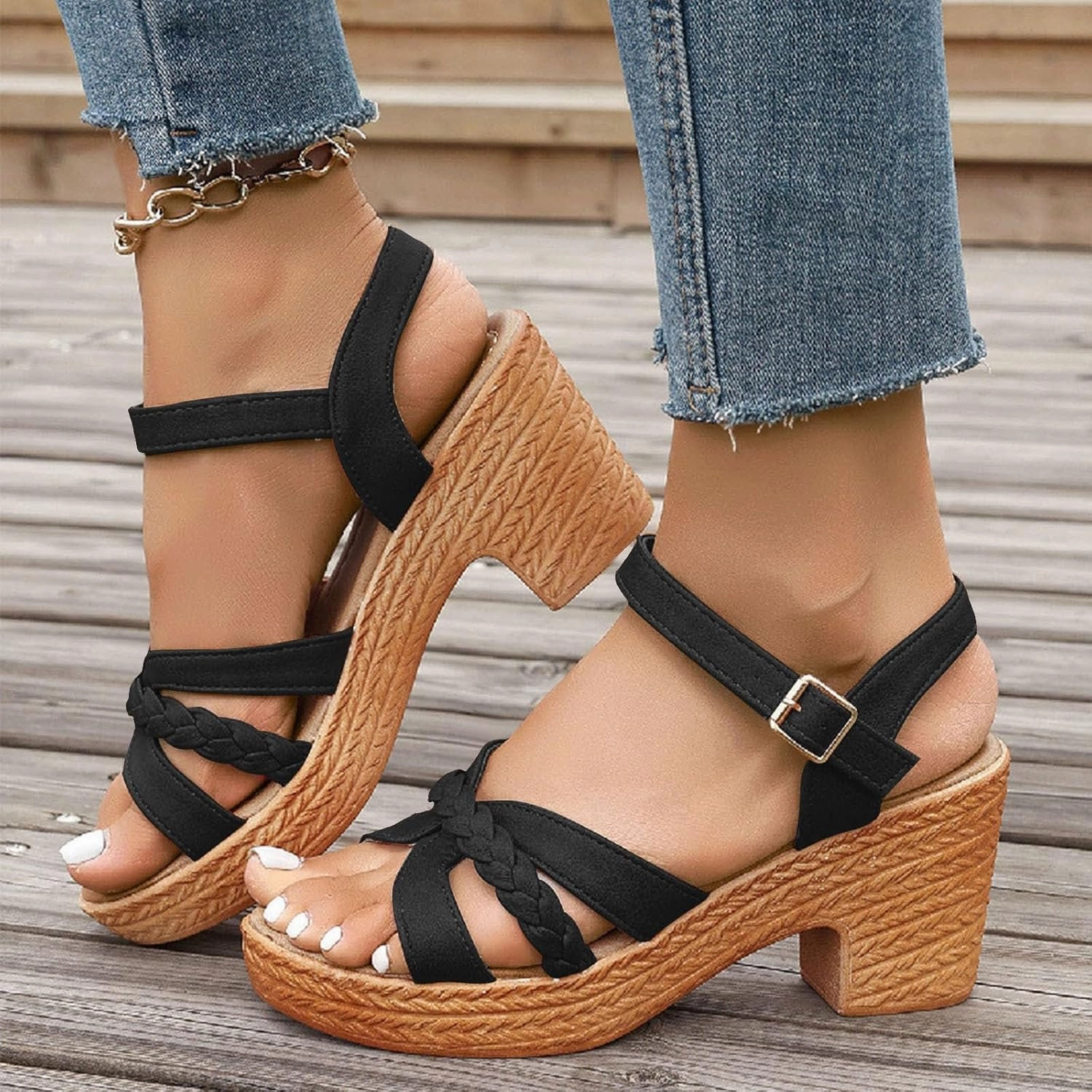 Block Heeled Platform Sandals for Women Open Toe Chunky Sandals with Adjustable Ankle Strap Leather Dress Shoes