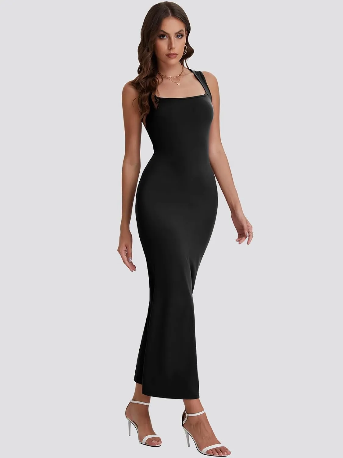 Bloggerlove Womens Summer Long Bodycon Maxi Dresses Square Neck Strap Sleeveless Sexy Cocktail Party Prom Dress