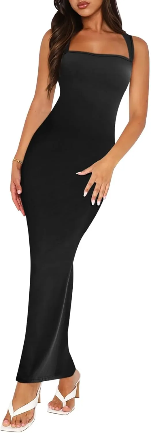 Bloggerlove Womens Summer Long Bodycon Maxi Dresses Square Neck Strap Sleeveless Sexy Cocktail Party Prom Dress
