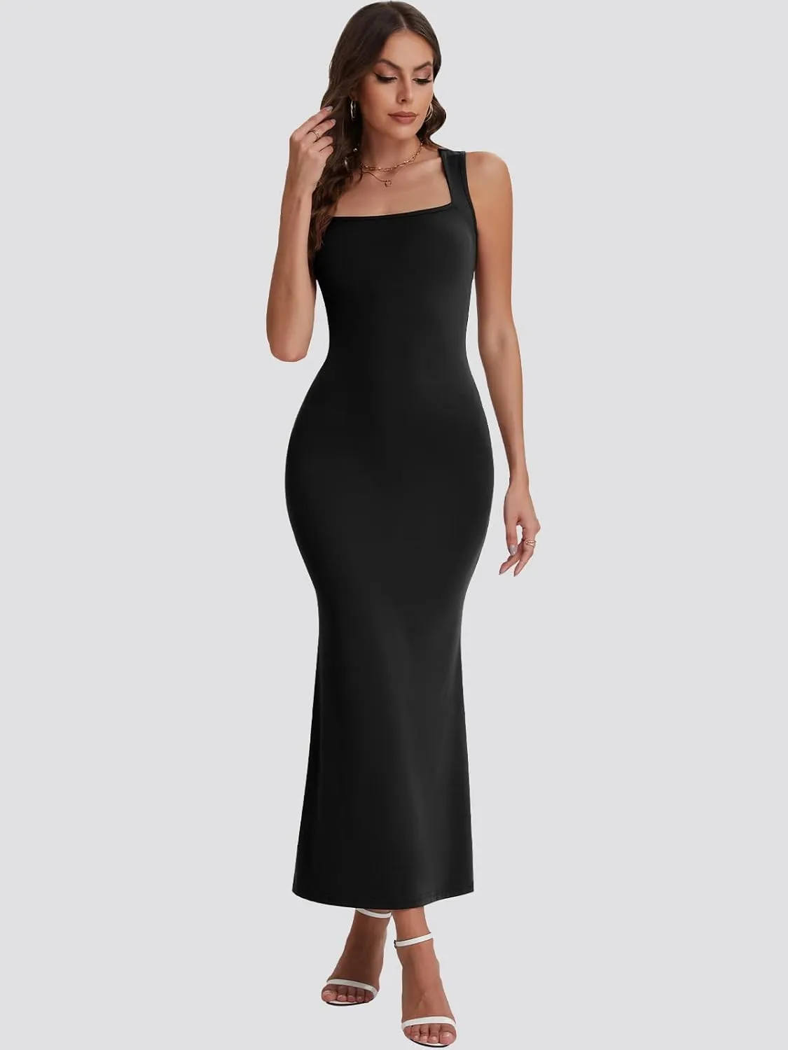 Bloggerlove Womens Summer Long Bodycon Maxi Dresses Square Neck Strap Sleeveless Sexy Cocktail Party Prom Dress