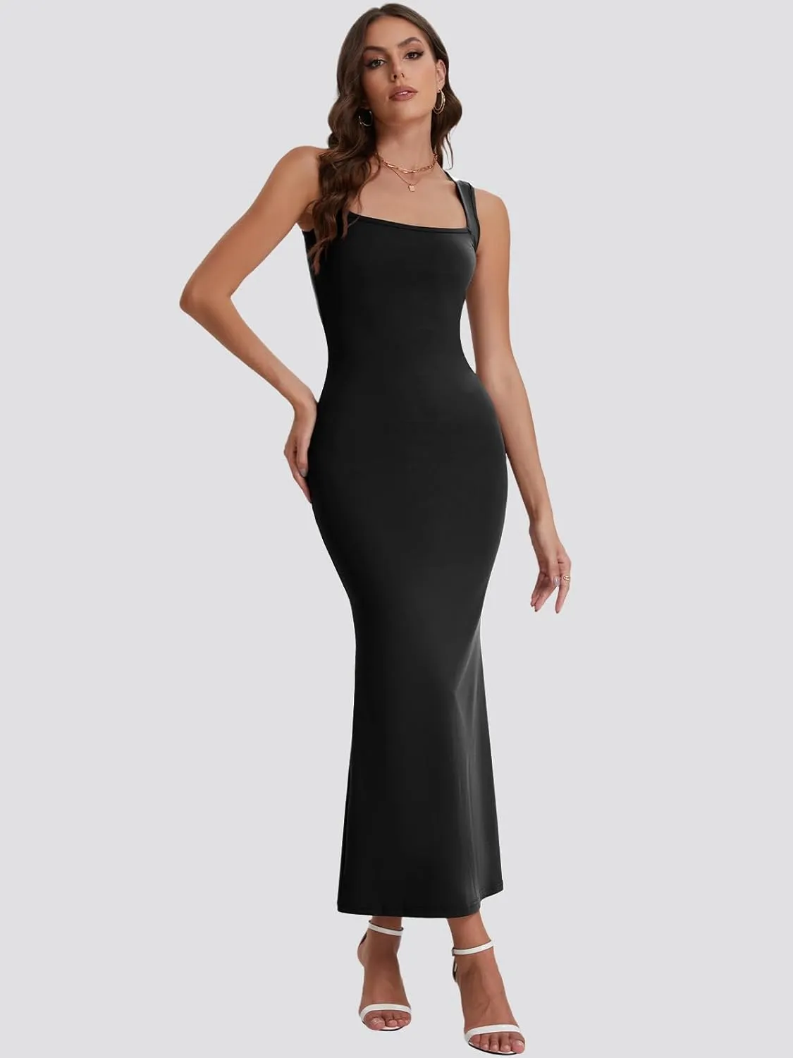 Bloggerlove Womens Summer Long Bodycon Maxi Dresses Square Neck Strap Sleeveless Sexy Cocktail Party Prom Dress