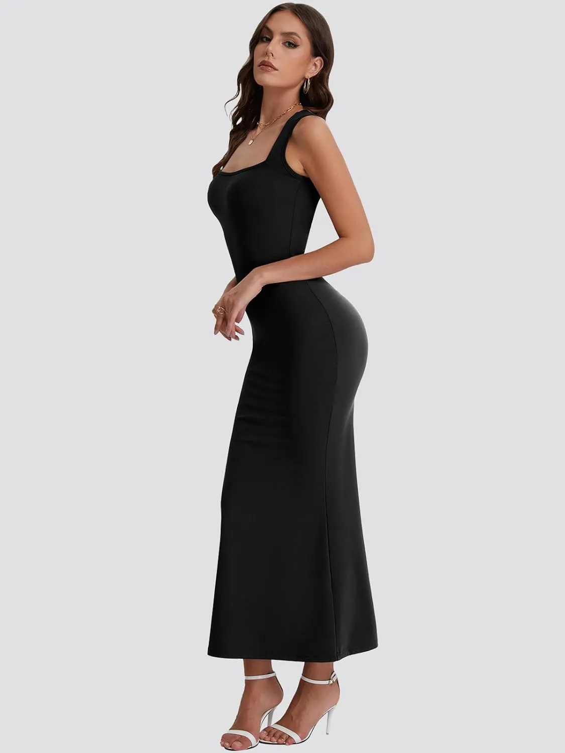 Bloggerlove Womens Summer Long Bodycon Maxi Dresses Square Neck Strap Sleeveless Sexy Cocktail Party Prom Dress