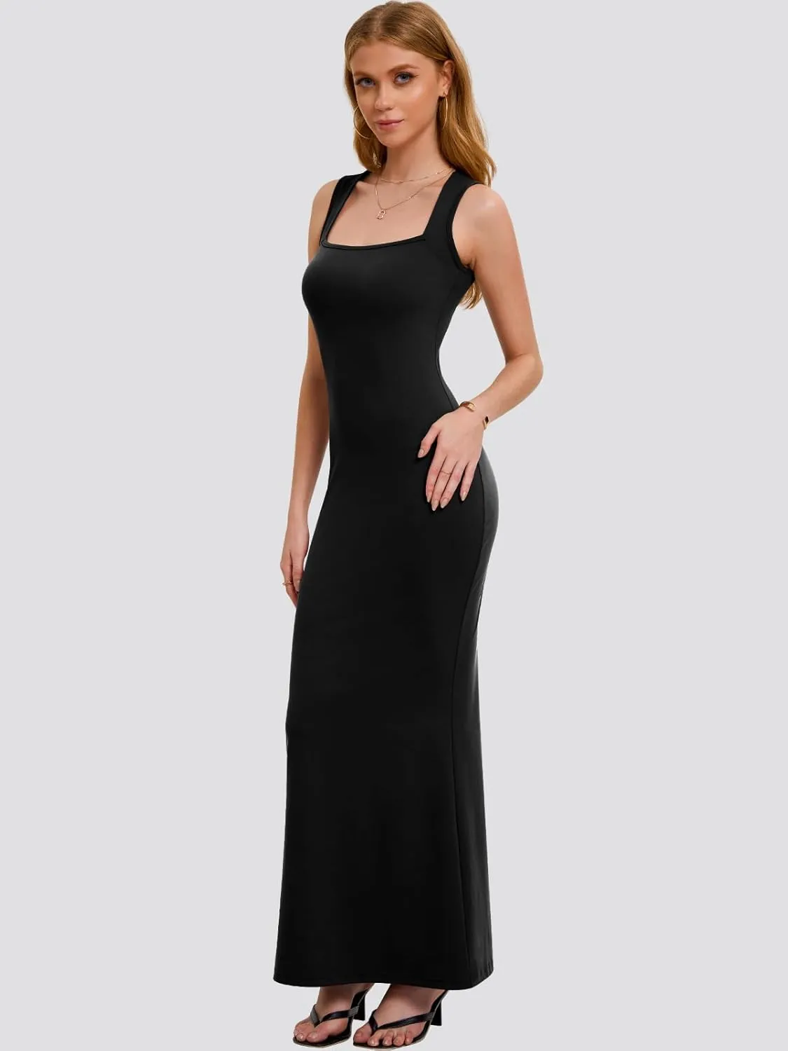 Bloggerlove Womens Summer Long Bodycon Maxi Dresses Square Neck Strap Sleeveless Sexy Cocktail Party Prom Dress