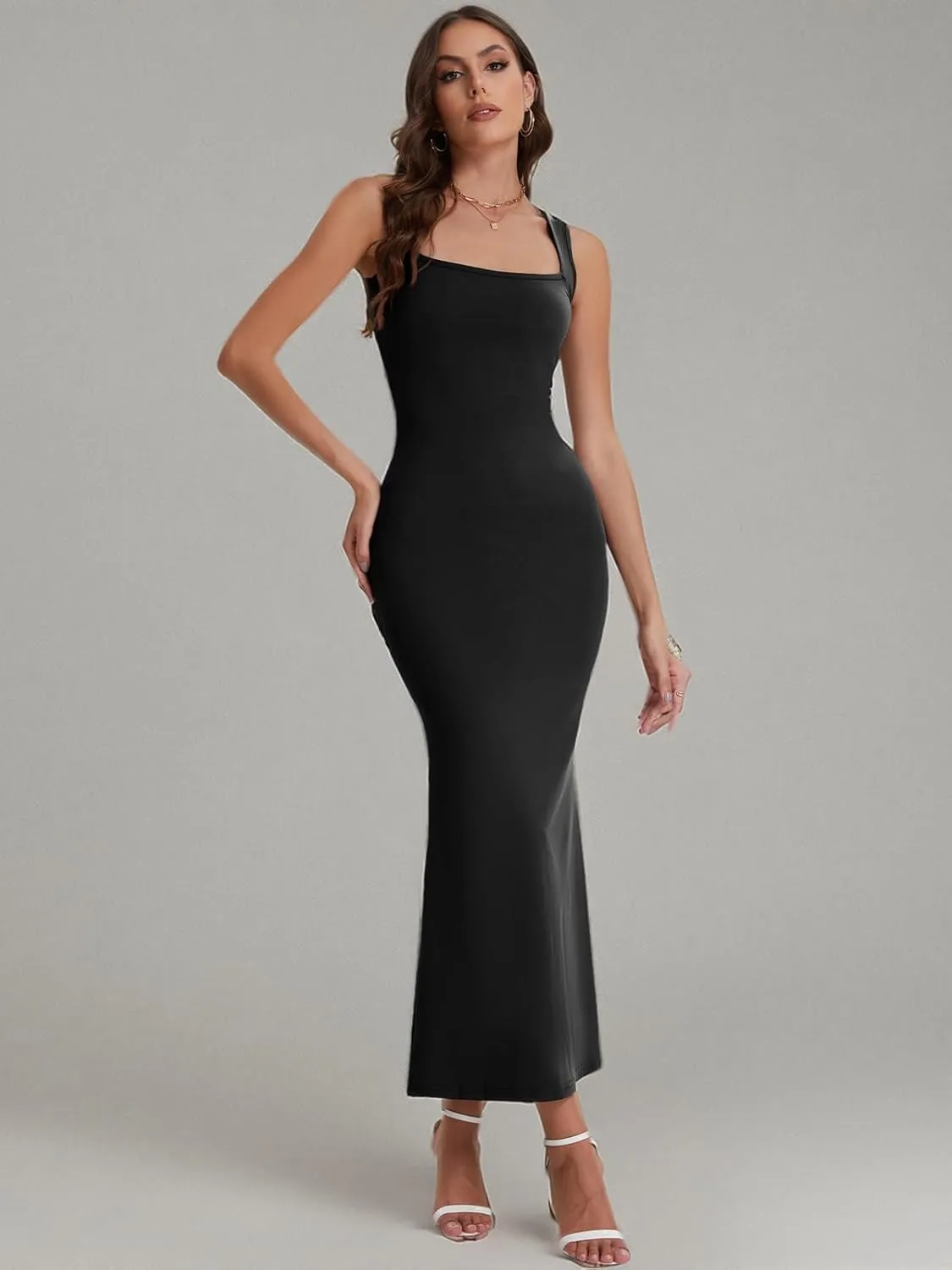Bloggerlove Womens Summer Long Bodycon Maxi Dresses Square Neck Strap Sleeveless Sexy Cocktail Party Prom Dress