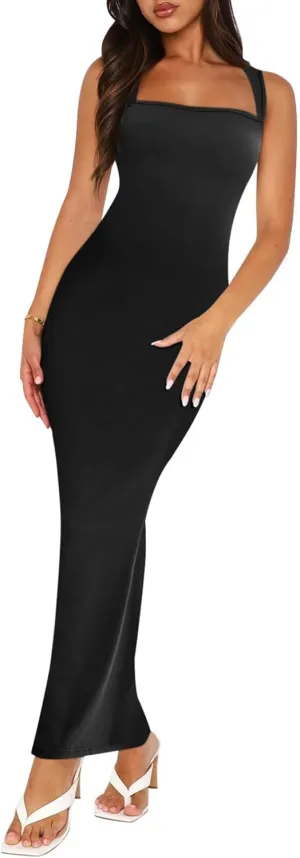 Bloggerlove Womens Summer Long Bodycon Maxi Dresses Square Neck Strap Sleeveless Sexy Cocktail Party Prom Dress