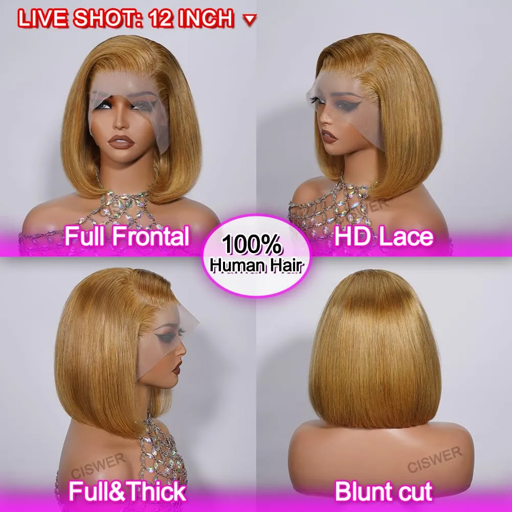 Blonde 13x4 Lace Front Bob Wig Human Hair Pre Plucked Stairght 27# Colored Short Bob for Black Women Short Wig Bob 180 Density 12 Inch