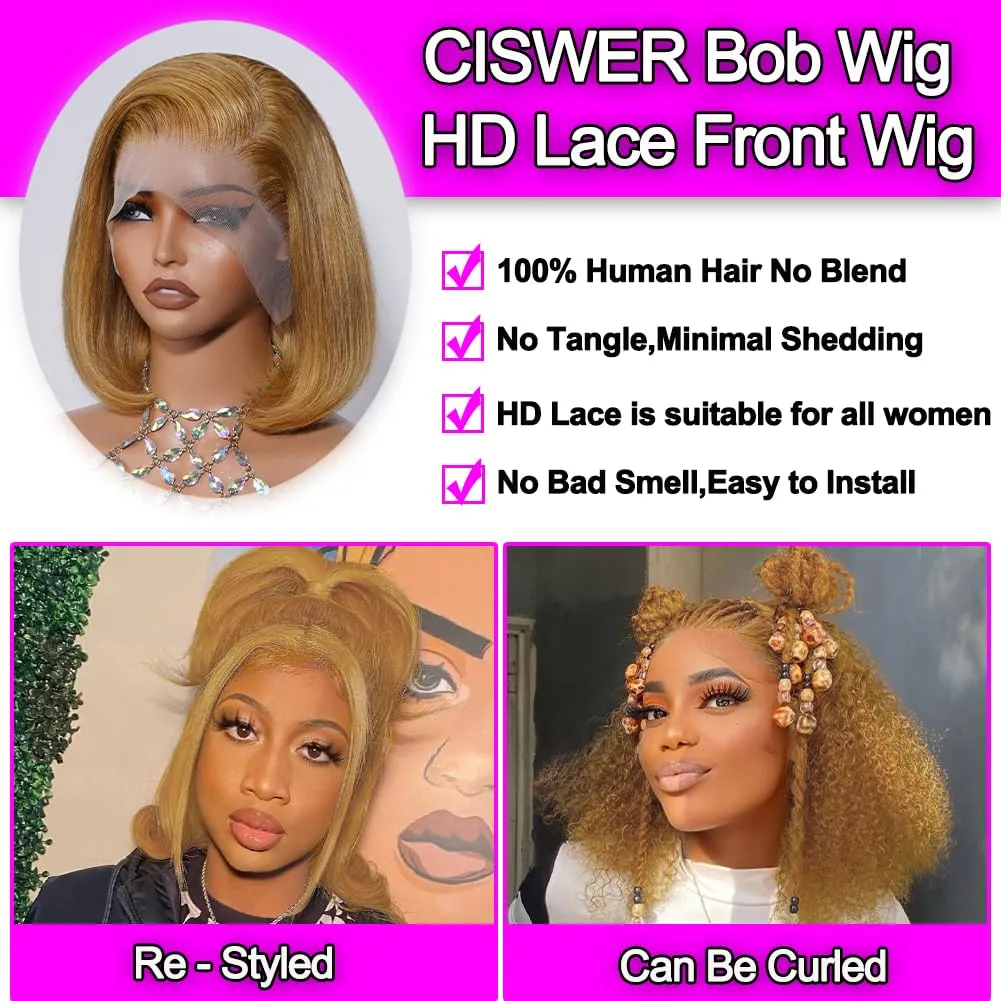Blonde 13x4 Lace Front Bob Wig Human Hair Pre Plucked Stairght 27# Colored Short Bob for Black Women Short Wig Bob 180 Density 12 Inch