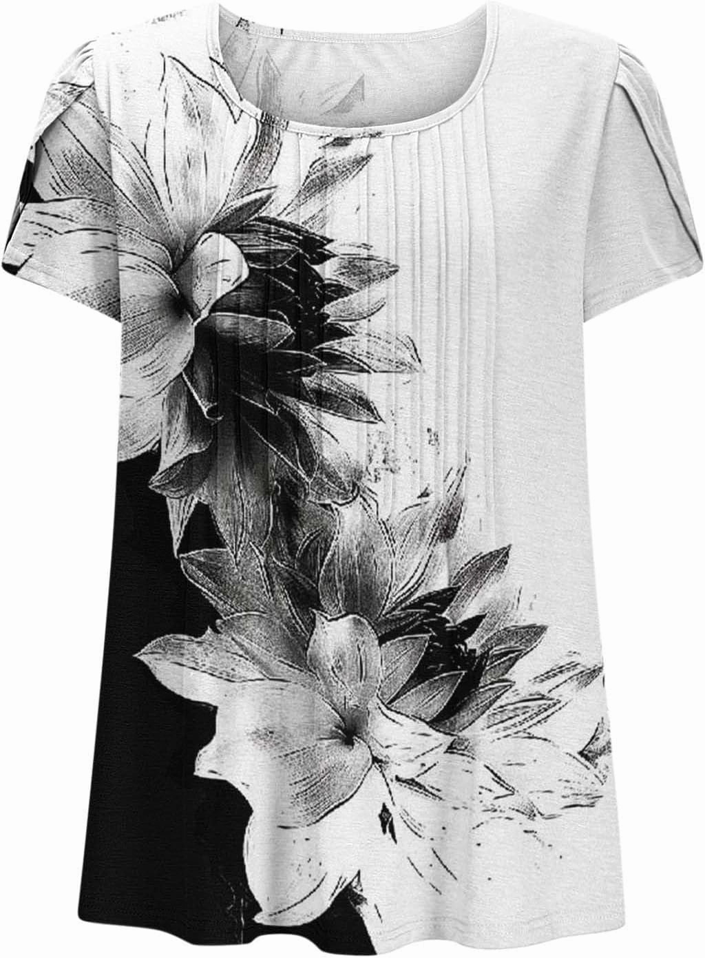 Blouses for Women Dressy Casual 2025 Summer Short Sleeve Loose Fit Tops Petal Sleeve Pleated Tunic Curved Hem