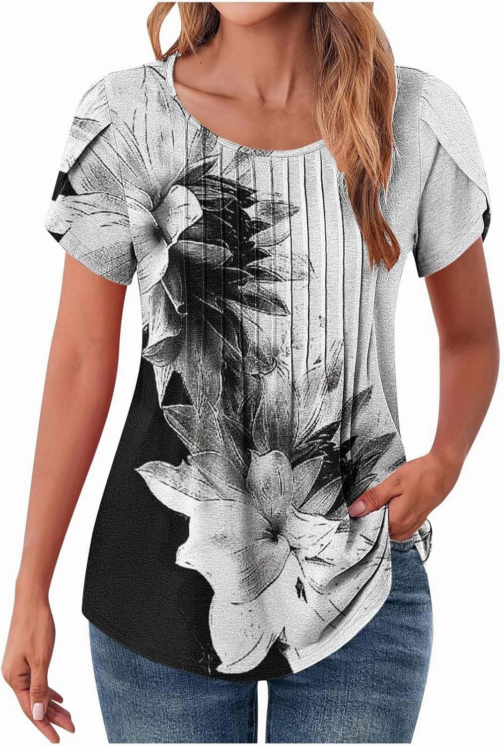 Blouses for Women Dressy Casual 2025 Summer Short Sleeve Loose Fit Tops Petal Sleeve Pleated Tunic Curved Hem