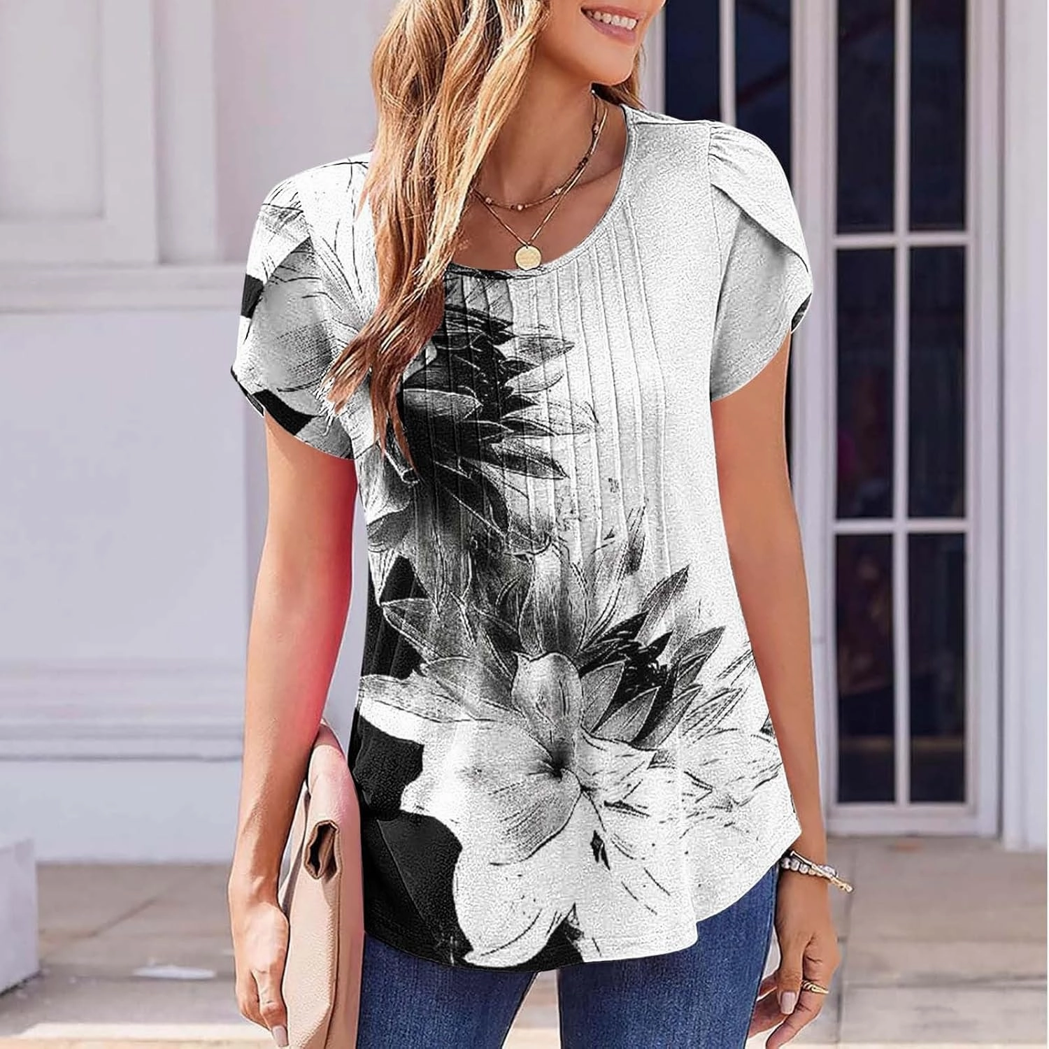 Blouses for Women Dressy Casual 2025 Summer Short Sleeve Loose Fit Tops Petal Sleeve Pleated Tunic Curved Hem