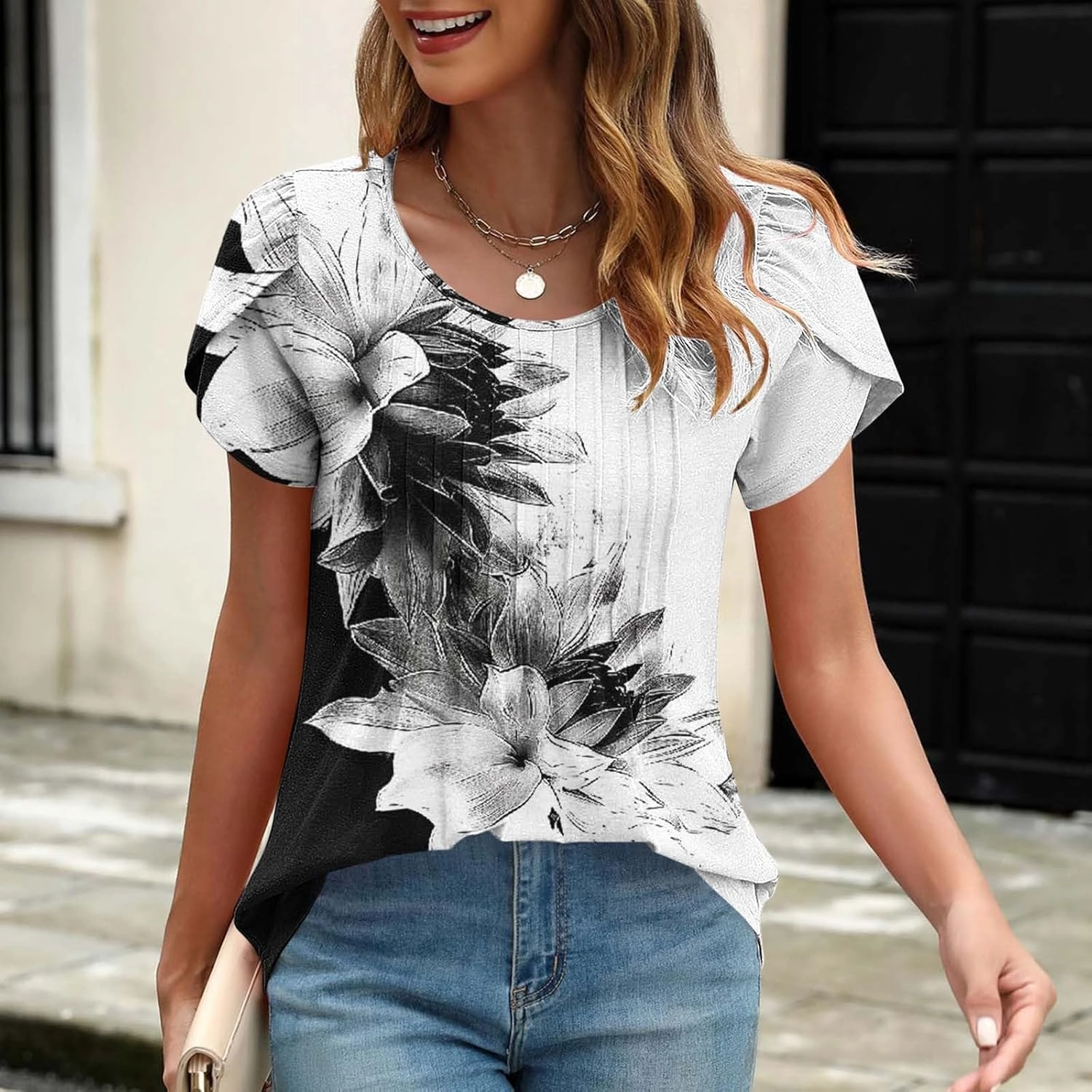 Blouses for Women Dressy Casual 2025 Summer Short Sleeve Loose Fit Tops Petal Sleeve Pleated Tunic Curved Hem