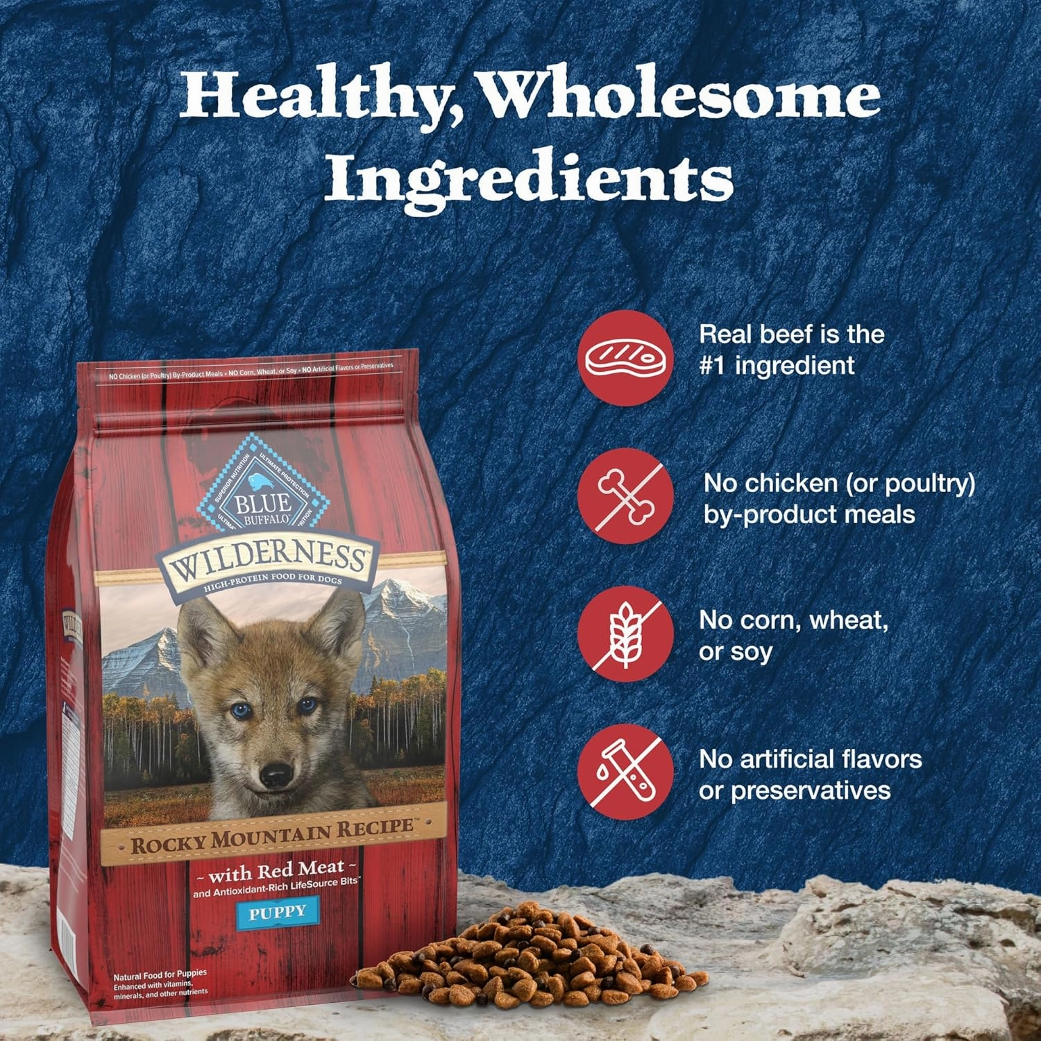Blue Buffalo Wilderness High-Protein Rocky Mountain Recipe Dry Food for Puppies, Red Meat & Grains, 4.5-lb. Bag