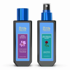 Blue Nectar Ayurvedic Radiance Bundle - Kumkumadi Oil for Glowing Skin & Uplifting Body Mist with Himalayan Rose and Cardamom, 100% Natural Beauty Combo (3.4 fl oz Each)