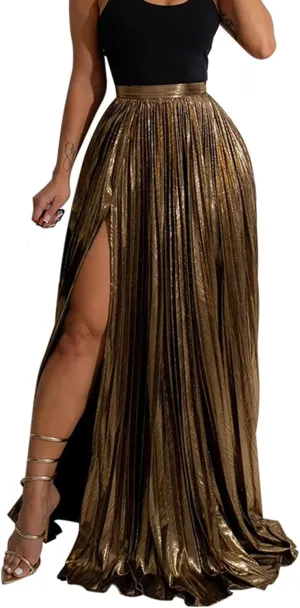 Bluewolfsea Women Long Skirts Sexy High Split High Waist Pleated A Line Swing Maxi Skirt Glitter Party Club Skirts