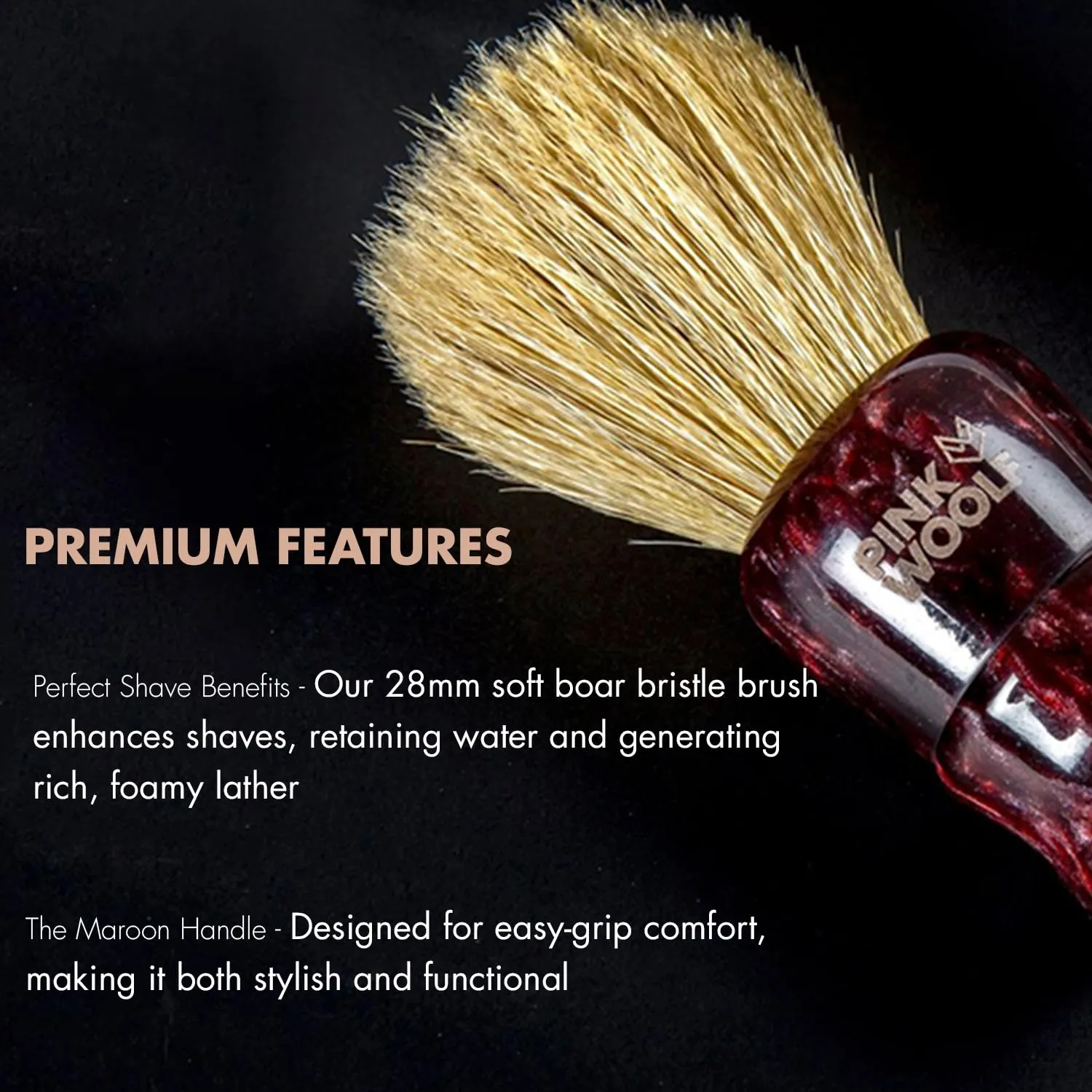 Boar Bristle Shaving Brush for Men | 28mm Knot Shaving Brush for Rich Lather | Soft Bristles Gentle on Skin | Maroon Handle | Classic Wet Shaving Brush for Smooth, Comfortable Shave