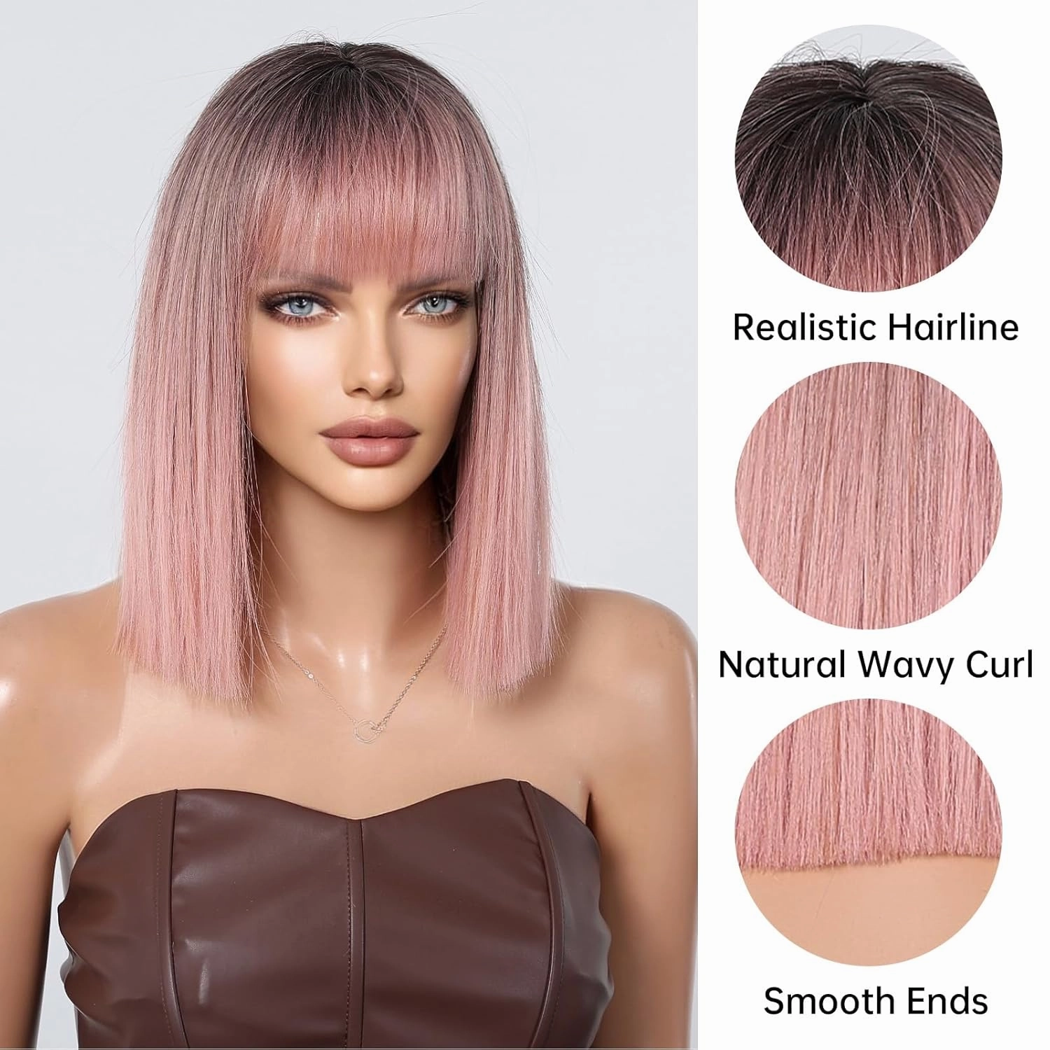 Bob Pink Wig with Bangs Natural Short Straight Wigs for Women Shoulder Length Synthetic Wigs for Daily Cosplay