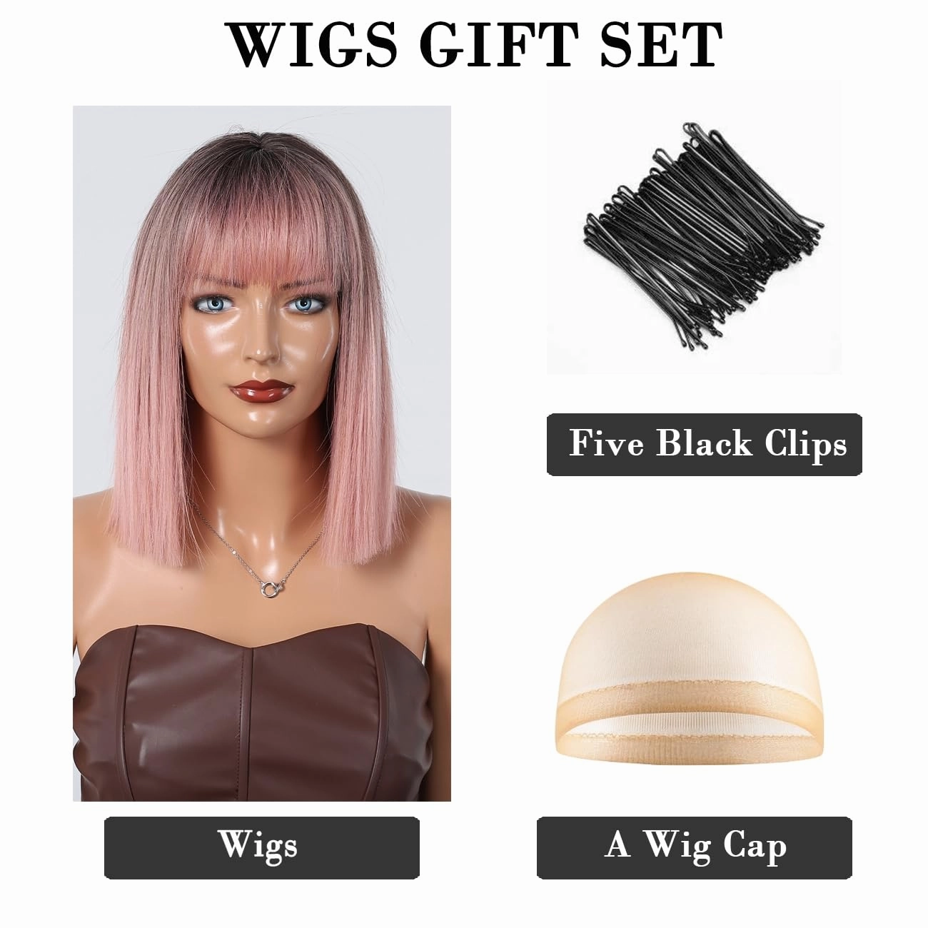 Bob Pink Wig with Bangs Natural Short Straight Wigs for Women Shoulder Length Synthetic Wigs for Daily Cosplay