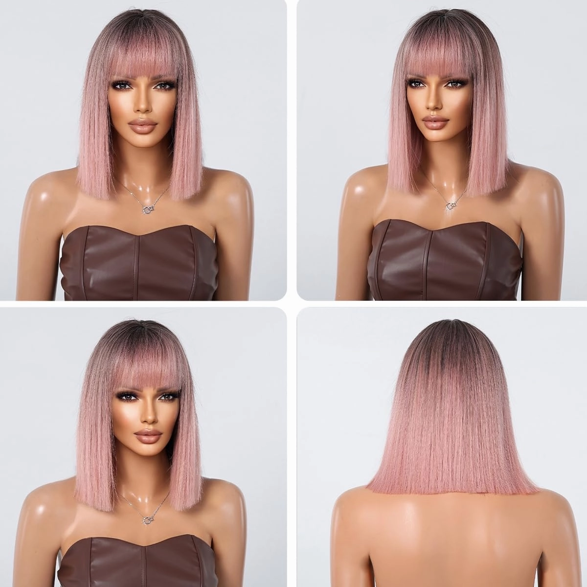 Bob Pink Wig with Bangs Natural Short Straight Wigs for Women Shoulder Length Synthetic Wigs for Daily Cosplay