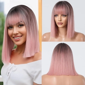 Bob Pink Wig with Bangs Natural Short Straight Wigs for Women Shoulder Length Synthetic Wigs for Daily Cosplay