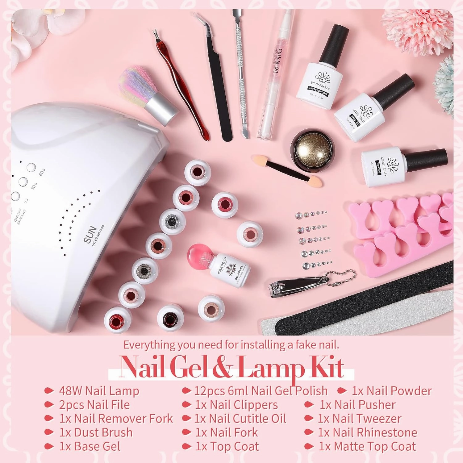 Born Pretty 28Pcs Jelly Gel Nail Polish Kit With U V Light 48W Nail Lamp 12 Colors Jelly Pink Nude Neutral Gel Polish Set with Base/Top Coat Manicure All-In-One Nail Gel Kit Ideal Gifts