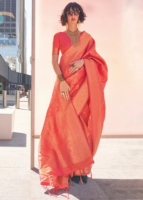 Bride Peach Woven Banarasi Brocade Silk Saree
