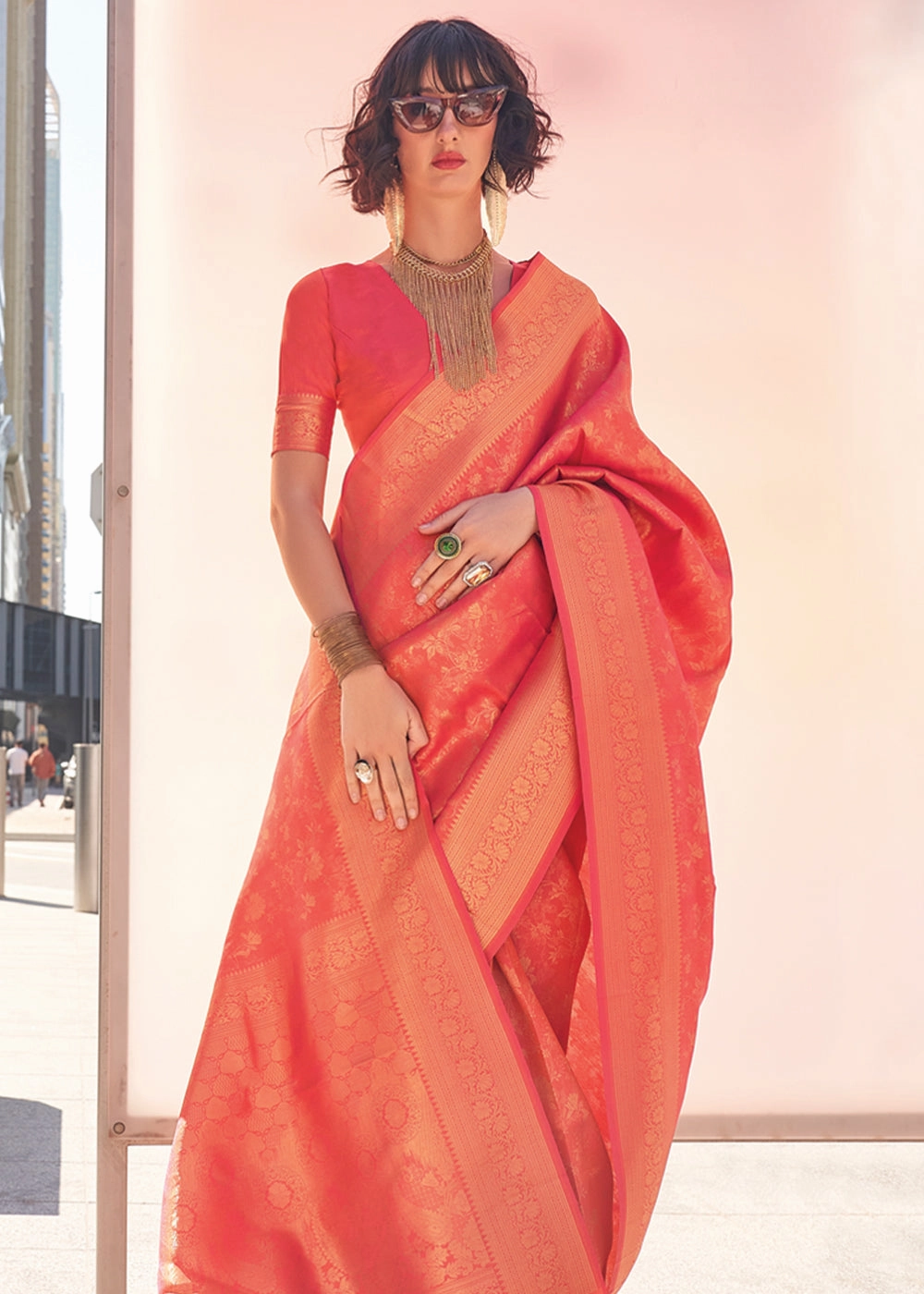 Bride Peach Woven Banarasi Brocade Silk Saree