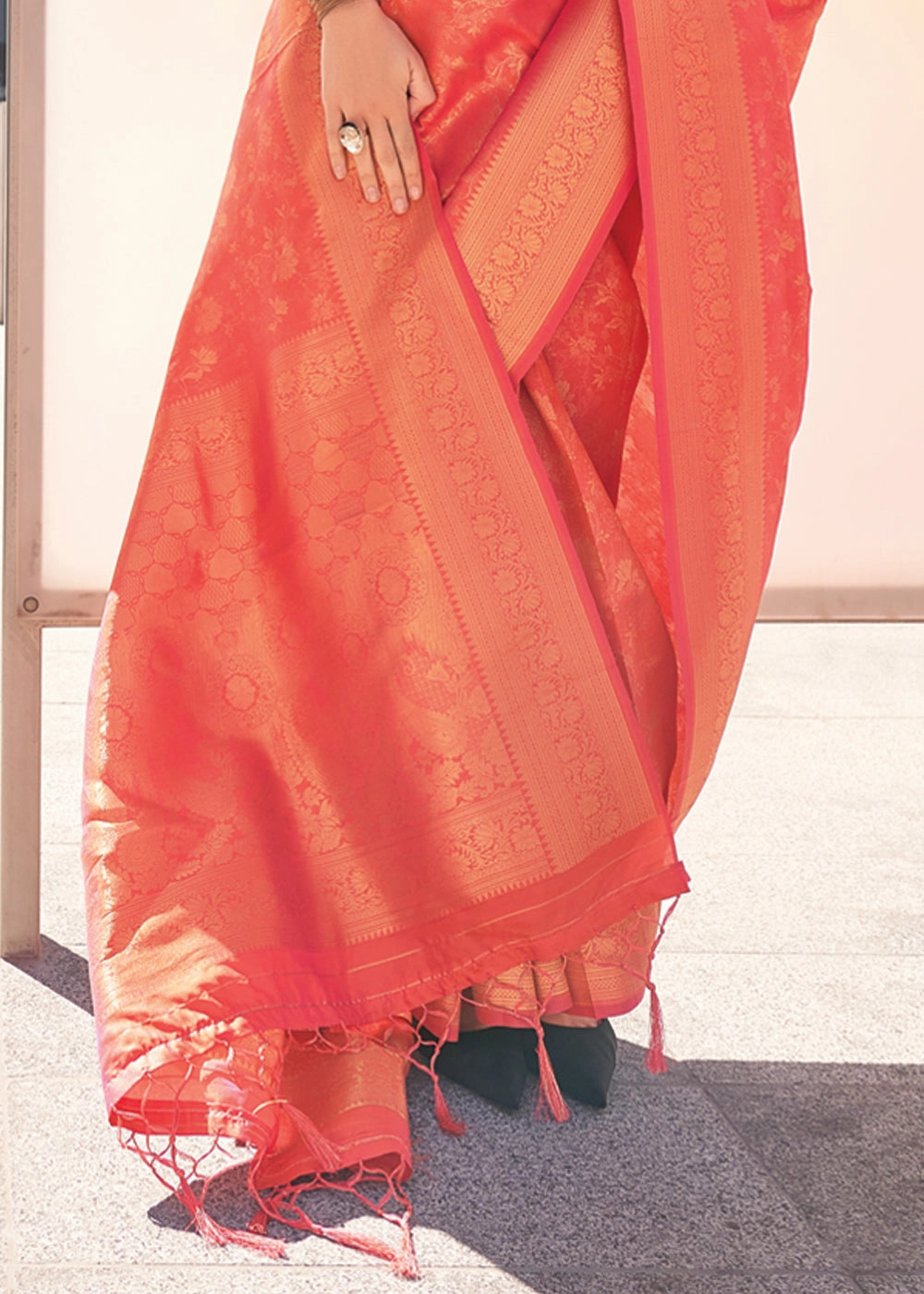 Bride Peach Woven Banarasi Brocade Silk Saree
