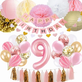 BRT Bearingshui 9th Birthday Girl Decoration, Happy Birthday Banner, Glitter Paper Garland, Number 9 Balloon, Gold & Pink Lanterns, Honeycomb Balls, Pom Poms, Foil Tassels, Latex & Confetti Balloons