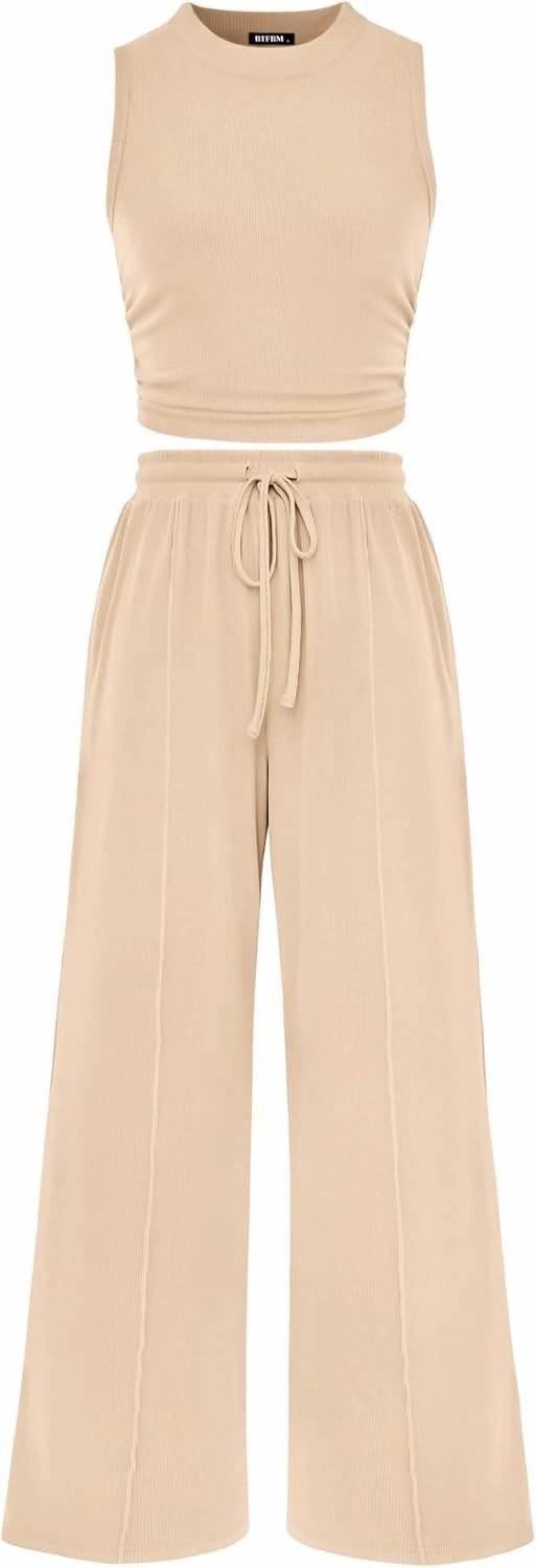 BTFBM Women Summer 2 Piece Outfits 2025 Beach Crew Neck Sleeveless Cropped Top Elastic Waist Wide Leg Pants Lounge Set