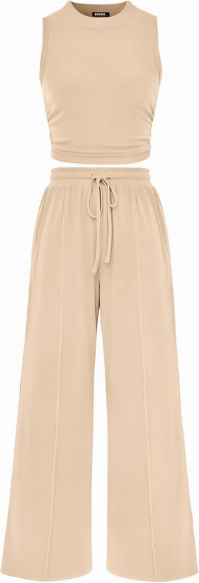 BTFBM Women Summer 2 Piece Outfits 2025 Beach Crew Neck Sleeveless Cropped Top Elastic Waist Wide Leg Pants Lounge Set