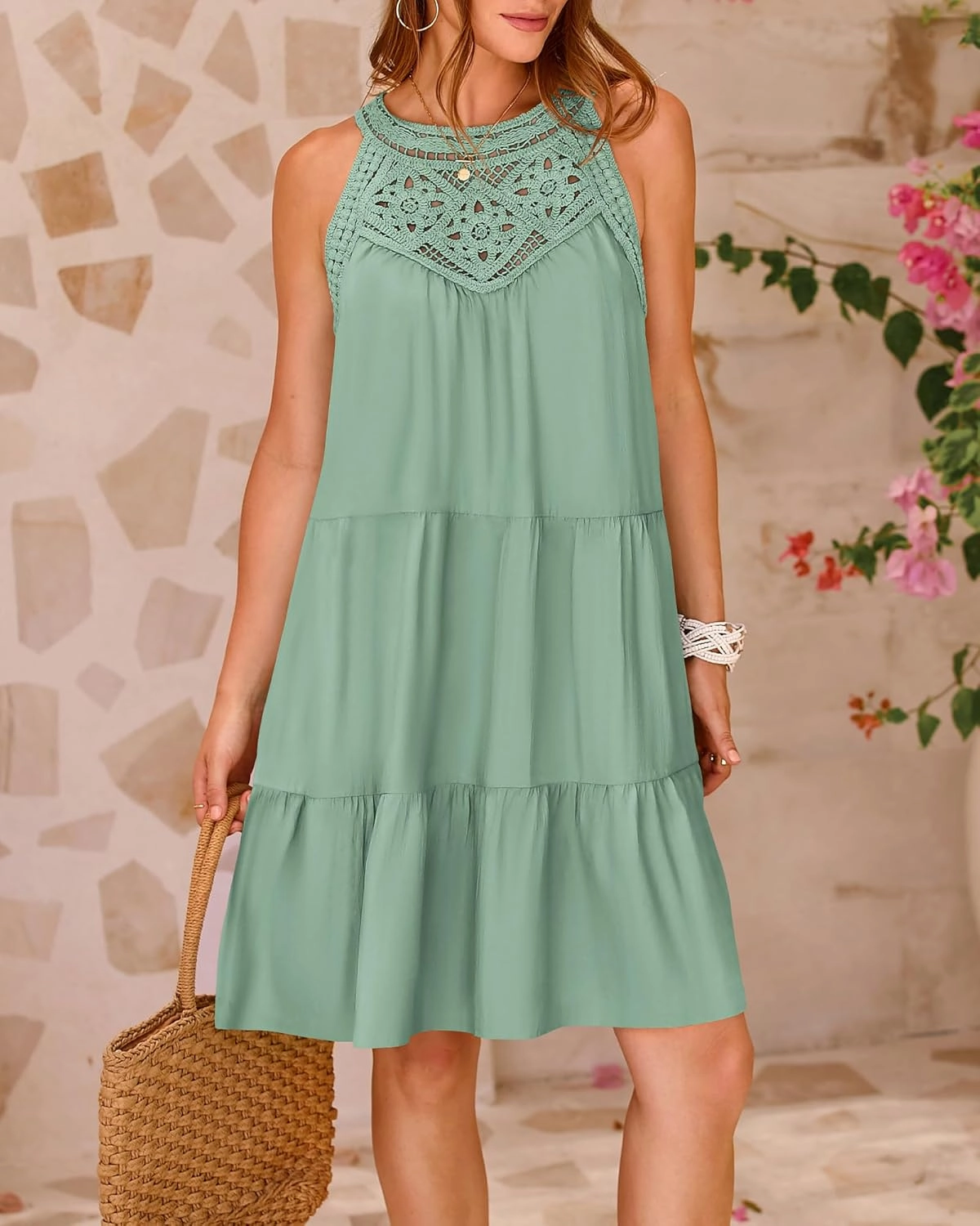 BTFBM Women Summer Halter Dresses Casual Spring 2025 Sleeveless A-Line Tiered Swing Mini Dress Beach Vacation Sundress