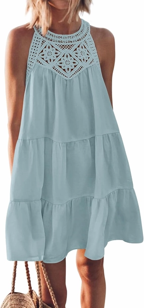 BTFBM Women Summer Halter Dresses Casual Spring 2025 Sleeveless A-Line Tiered Swing Mini Dress Beach Vacation Sundress
