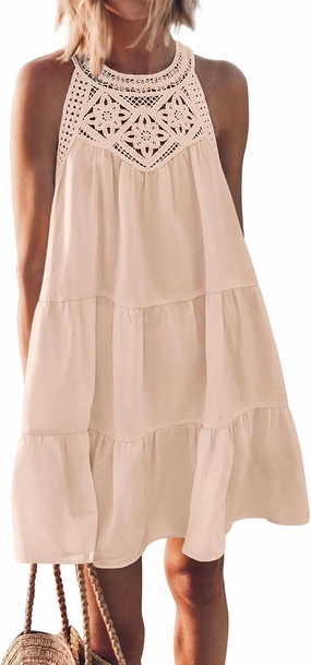 BTFBM Women Summer Halter Dresses Casual Spring 2025 Sleeveless A-Line Tiered Swing Mini Dress Beach Vacation Sundress