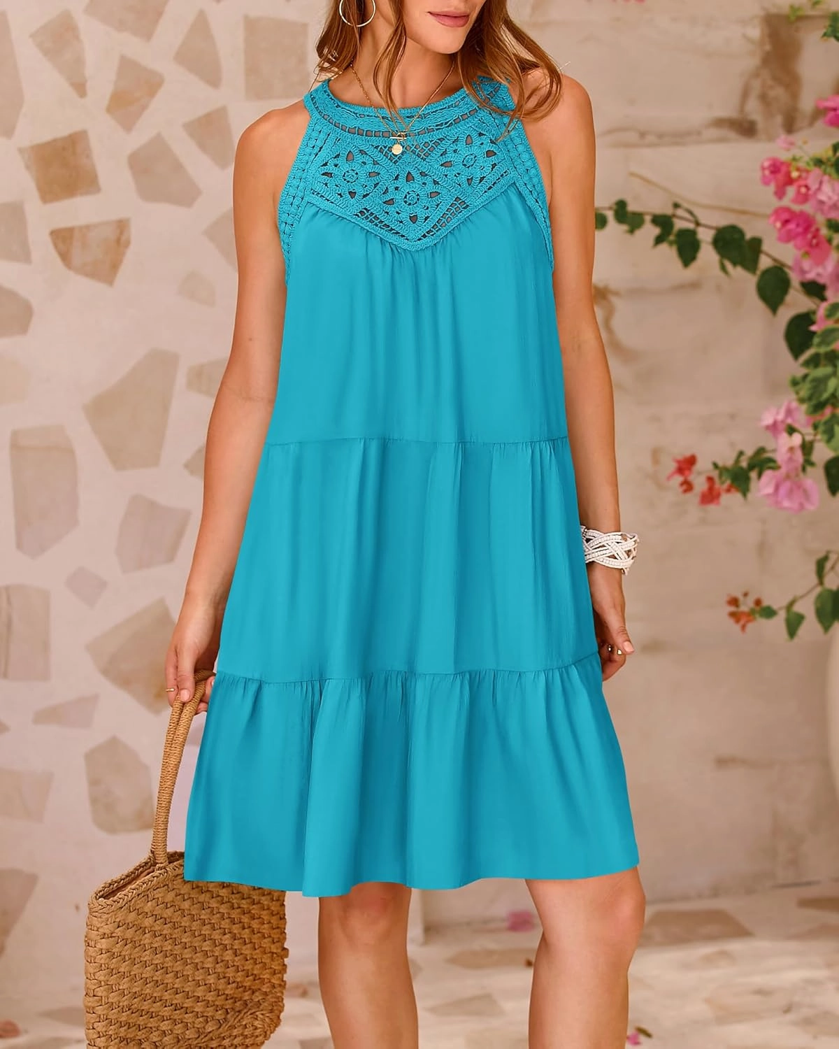 BTFBM Women Summer Halter Dresses Casual Spring 2025 Sleeveless A-Line Tiered Swing Mini Dress Beach Vacation Sundress