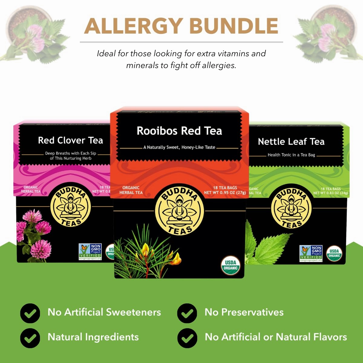 Buddha Teas - Organic Allergy Tea Bundle - With Red Clover Tea, Rooibos Red Tea & Nettle Leaf Tea - Antioxidants & Minerals - Health & Wellness - Clean Ingredients - OU Kosher & Non-GMO - Pack of 3