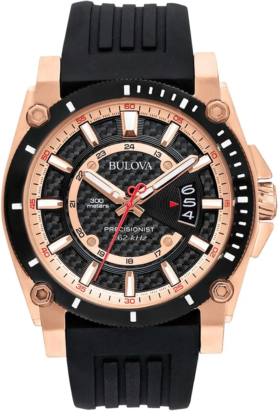 Bulova Men's Icon Precisionist 3-Hand Calendar Rose Gold Stainless Steel Watch with Black Polyurethane Strap, 47mm Style: 98B152