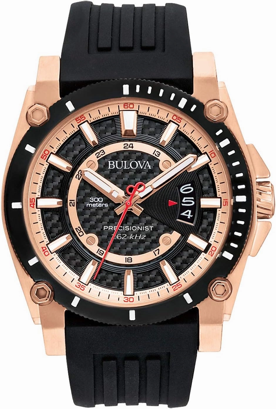Bulova Men's Icon Precisionist 3-Hand Calendar Rose Gold Stainless Steel Watch with Black Polyurethane Strap, 47mm Style: 98B152